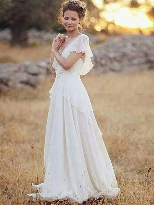 Chiffon A-Line/Princess Sleeves Short Ruched V-neck Floor-Length Wedding Dresses