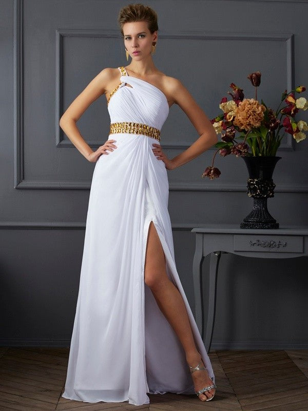 Sleeveless Beading A-Line/Princess One-Shoulder Long Chiffon Dresses