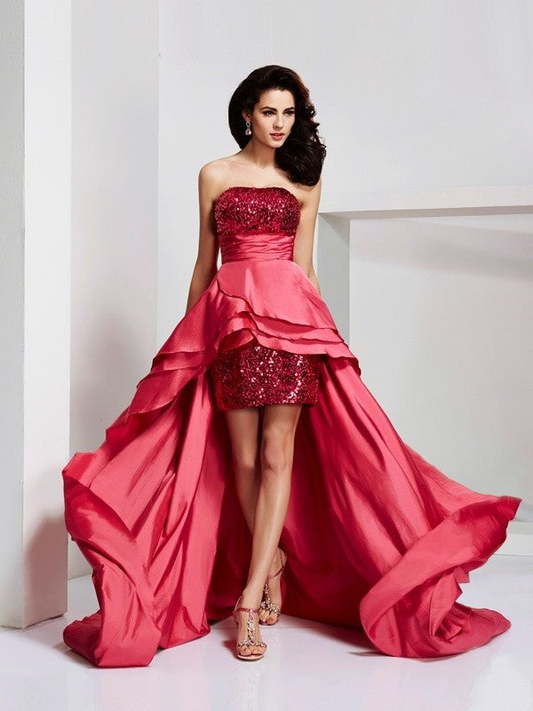 Strapless High A-Line/Princess Sleeveless Lace Low Taffeta Dresses
