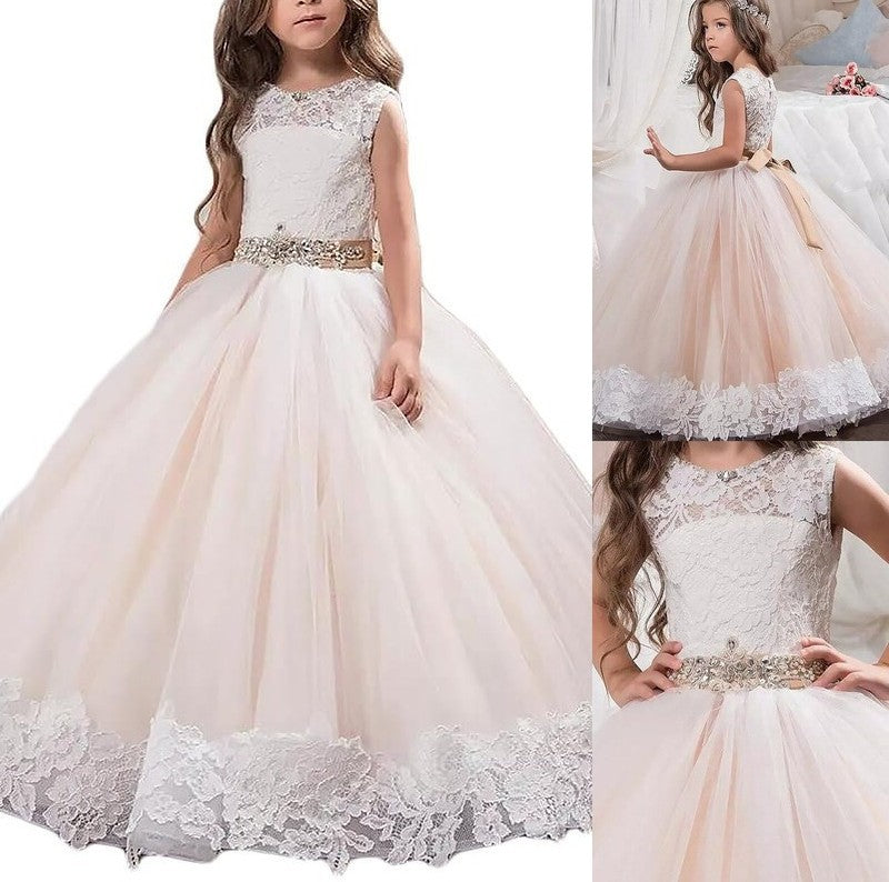 Gown Scoop Floor-Length Lace Ball Sleeveless Tulle Flower Girl Dresses