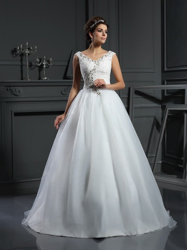 Long Sleeveless Beading V-neck A-Line/Princess Organza Wedding Dresses