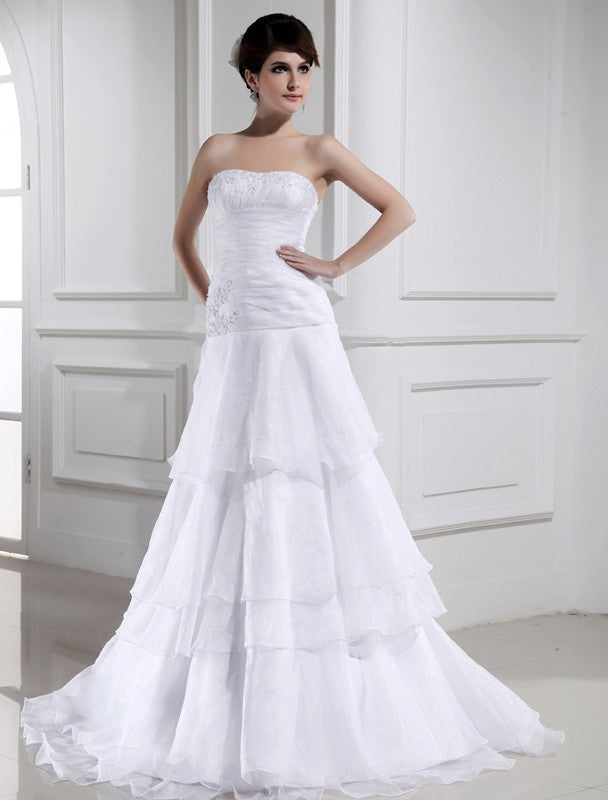 Strapless Beading A-Line/Princess Sleeveless Organza Long Wedding Dresses