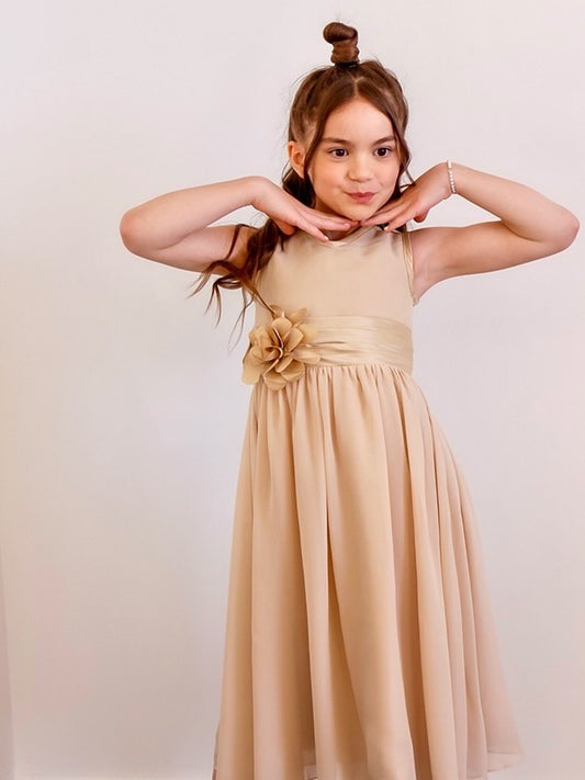 Chiffon Tea-Length Scoop A-Line/Princess Flower Sleeveless Hand-Made Flower Girl Dresses