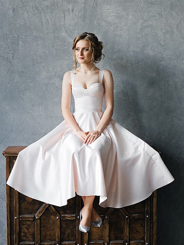 A-Line/Princess Straps Sleeveless Satin Ruffles Tea-Length Wedding Dresses