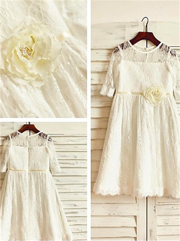 Scoop Lace Flower Hand-made Ankle-Length A-line/Princess Sleeves 3/4 Flower Girl Dresses