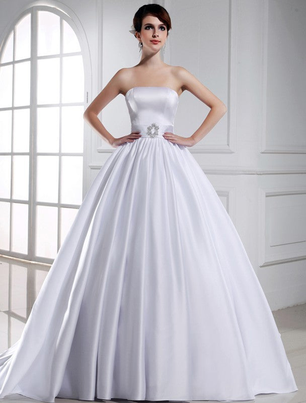 Sleeveless Ball Strapless Long Beading Gown Satin Wedding Dresses