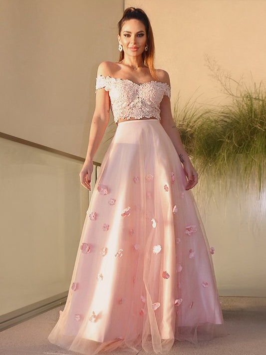 Off-the-Shoulder Sleeveless Tulle Hand-Made A-Line/Princess Floor-Length Flower Two Piece Dresses
