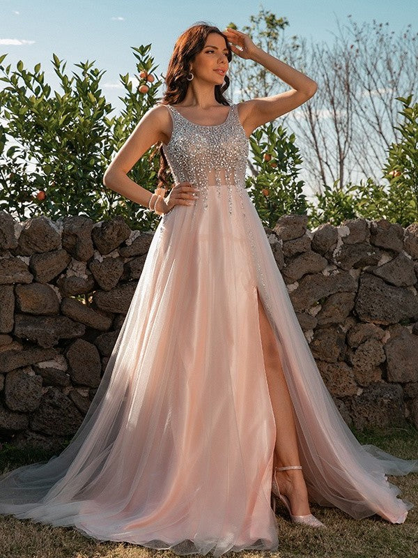 Sequin Straps Sleeveless A-Line/Princess Tulle Sweep/Brush Train Dresses