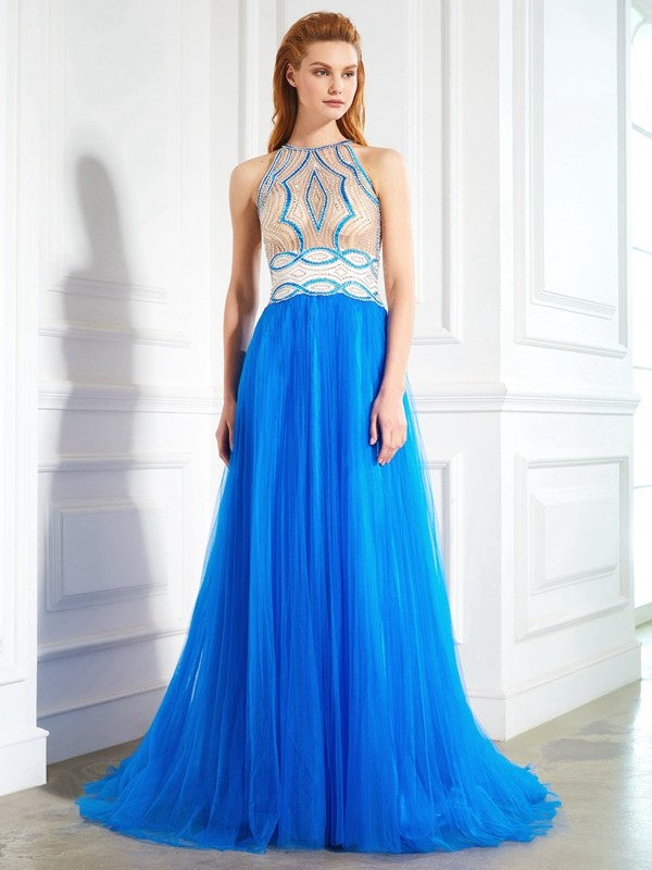 Sleeveless A-Line/Princess Jewel Beading Floor-Length Net Dresses
