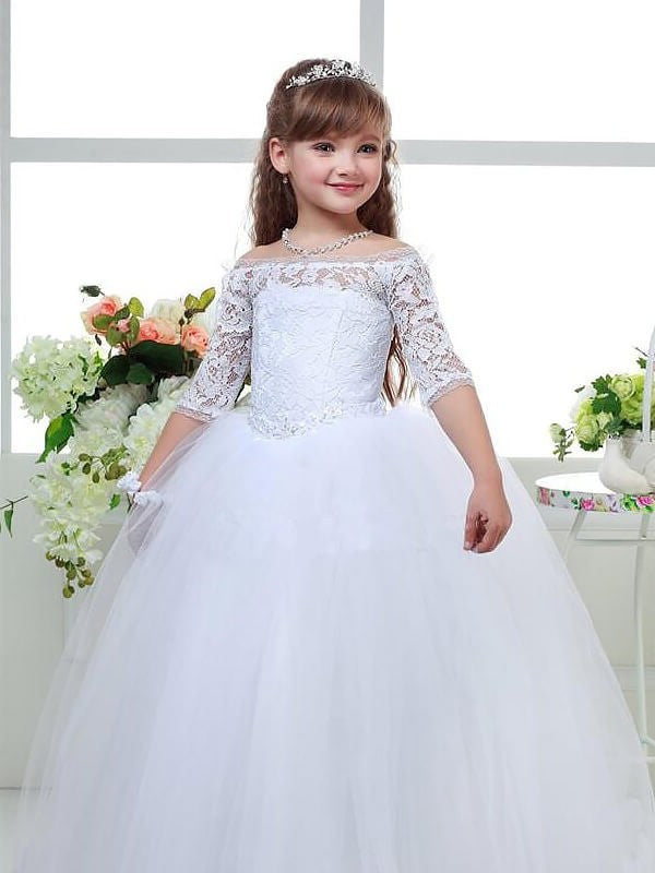 1/2 Off-the-Shoulder Lace Sleeves Floor-Length Tulle Ball Gown Flower Girl Dresses