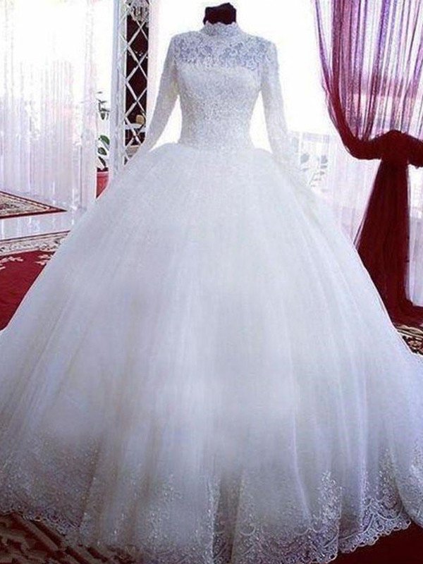 Ball High Sleeves Long Chapel Lace Neck Tulle Gown Train Wedding Dresses