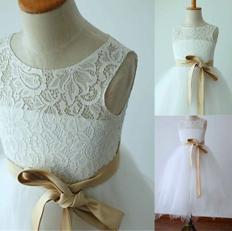 Sleeveless A-line/Princess Tulle Tea-Length Sash/Ribbon/Belt Scoop Flower Girl Dresses