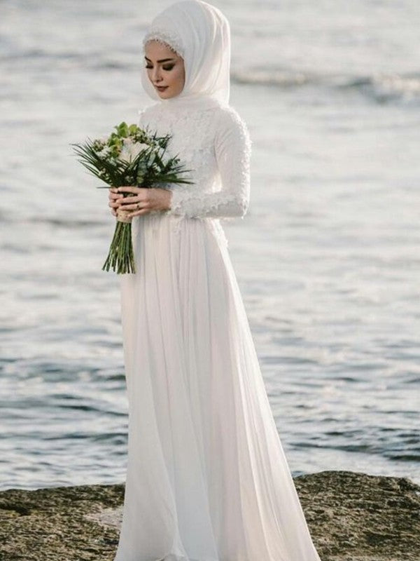 Jewel Sleeves Applique Long A-Line/Princess Floor-Length Chiffon Wedding Dresses