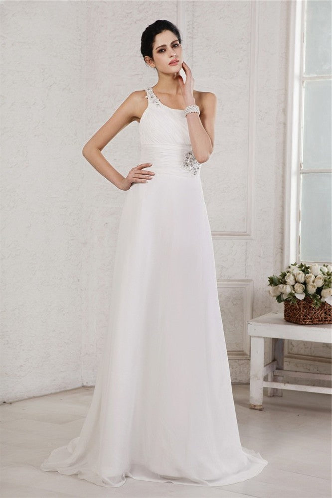 One-Shoulder Beading Sleeveless Applique Long A-Line/Princess Chiffon Wedding Dresses