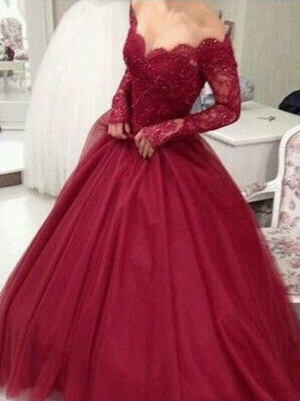Sleeves V-neck Gown Long Ball Floor-Length Lace Tulle Dresses
