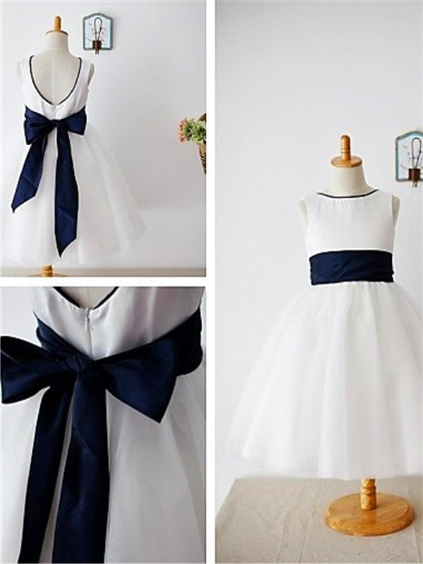 Scoop Sleeveless A-line/Princess Tulle Tea-Length Bowknot Flower Girl Dresses