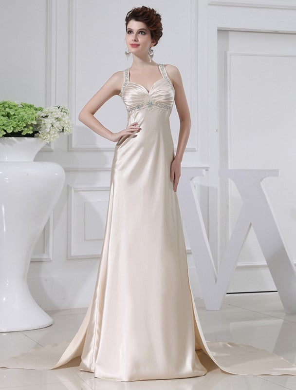 Beading A-Line/Princess Elastic Sleeveless Woven Satin Dresses