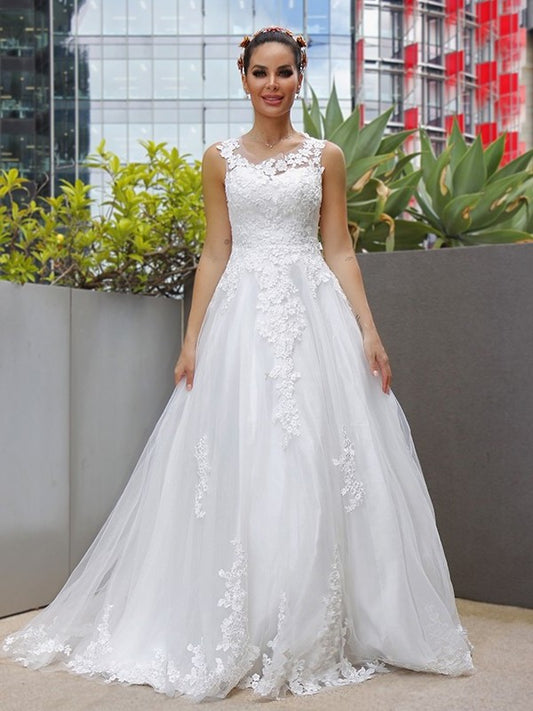 Scoop A-Line/Princess Sleeveless Lace Tulle Sweep/Brush Train Wedding Dresses