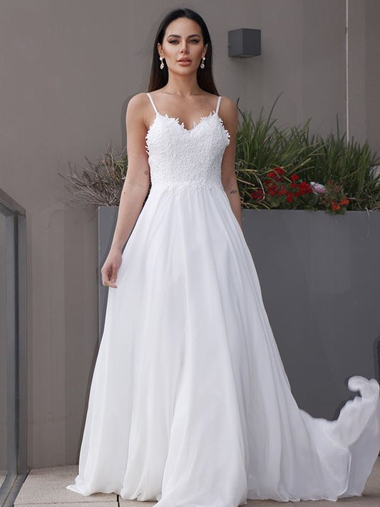 Sweep/Brush V-neck Chiffon A-Line/Princess Sleeveless Applique Train Wedding Dresses