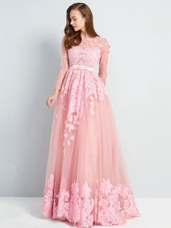 Floor-Length Scoop Sleeves A-Line/Princess 3/4 Applique Tulle Dresses