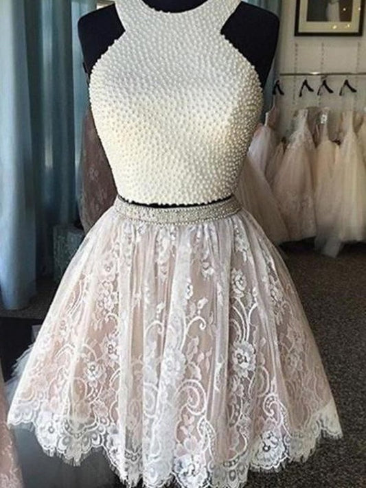 Pearls Sleeveless Halter Short/Mini A-Line/Princess Lace Two Piece Dresses