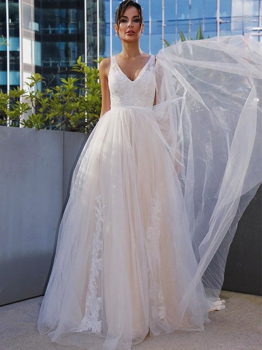 Sweep/Brush A-Line/Princess Sleeveless Tulle Applique V-neck Train Wedding Dresses
