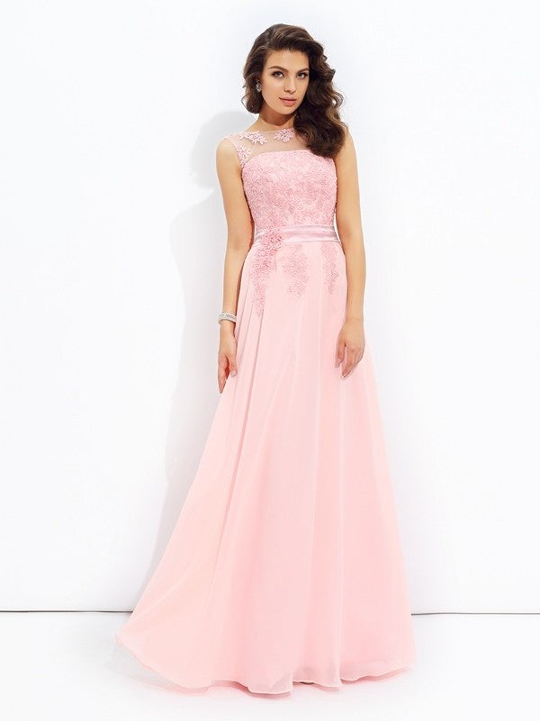 Scoop A-line/Princess Sleeveless Applique Long Chiffon Dresses