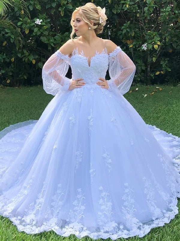 Long Sleeves Gown Court Ball Tulle Off-the-Shoulder Applique Train Wedding Dresses