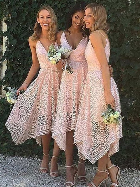 Asymmetrical Sleeveless A-Line/Princess V-neck Lace Bridesmaid Dresses