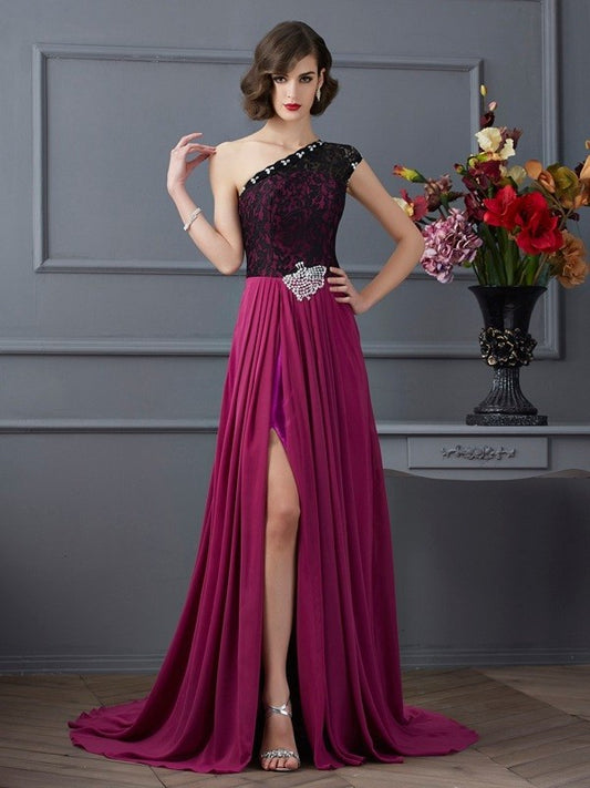 Lace A-Line/Princess One-Shoulder Sleeveless Long Chiffon Dresses