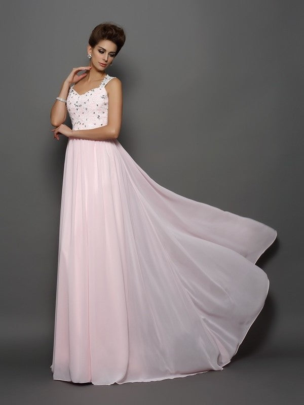 Applique Beading Straps Sleeveless A-Line/Princess Long Chiffon Dresses