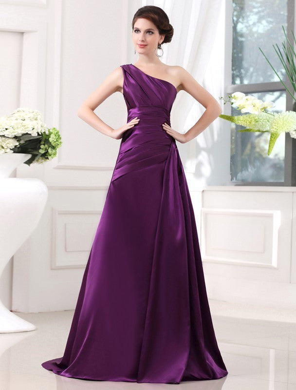 Elastic Satin One-shoulder Sleeveless A-Line/Princess Woven Pleats Long Dresses