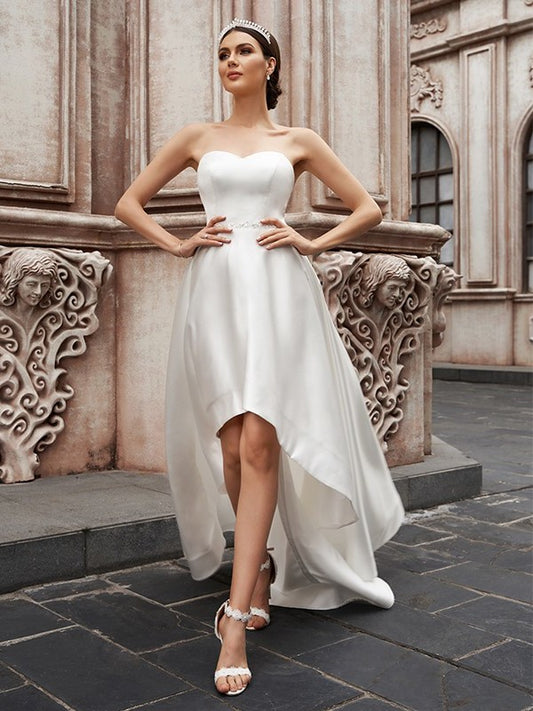 Sleeveless Satin A-Line/Princess Ruffles Sweetheart Asymmetrical Wedding Dresses