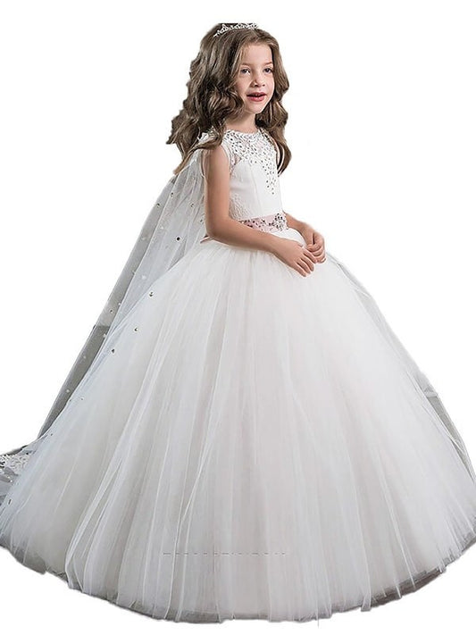 Tulle Jewel Ball Sleeveless Floor-Length Gown Beading Flower Girl Dresses