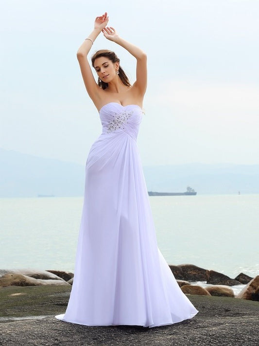 Sheath/Column Sweetheart Long Sleeveless Beading Chiffon Beach Wedding Dresses