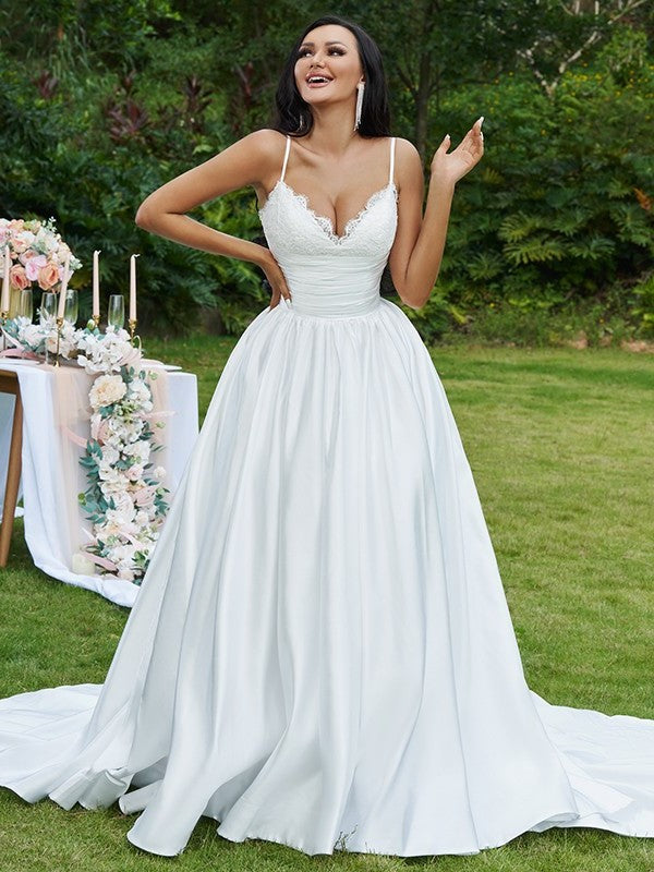Gown Ball Ruffles Sweep/Brush V-neck Sleeveless Lace Train Wedding Dresses