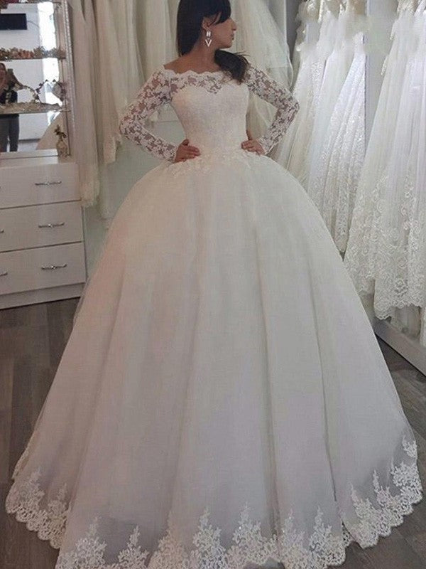 Ball Sleeves Sweep/Brush Off-the-Shoulder Applique Gown Long Train Lace Wedding Dresses