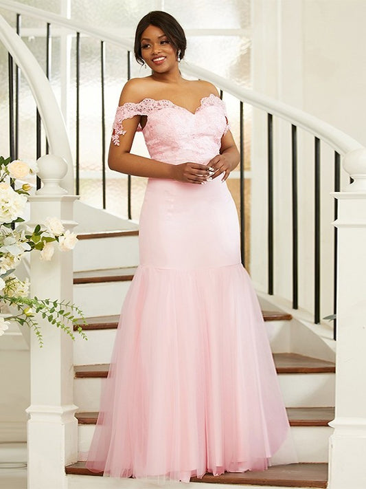 Stretch Lace Crepe Off-the-Shoulder Sleeveless Sheath/Column Floor-Length Bridesmaid Dresses