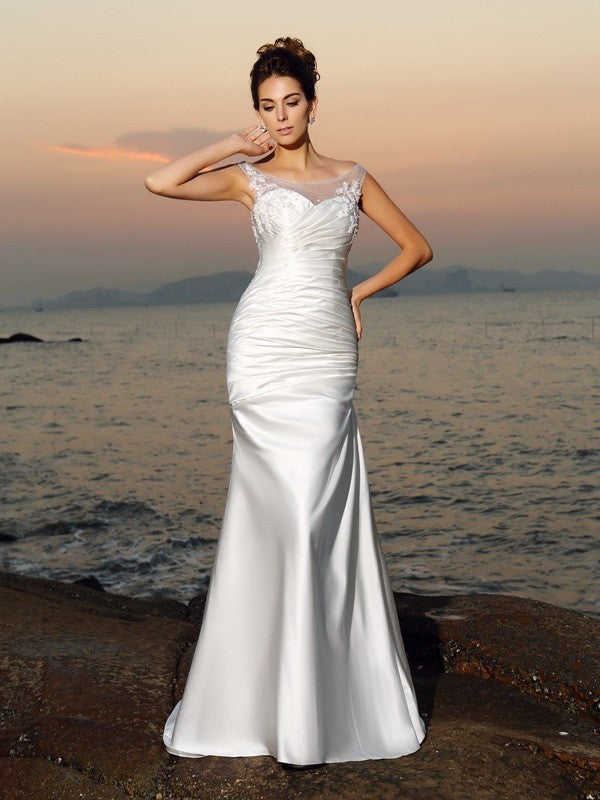 Long Satin Beading Sleeveless Scoop Trumpet/Mermaid Beach Wedding Dresses