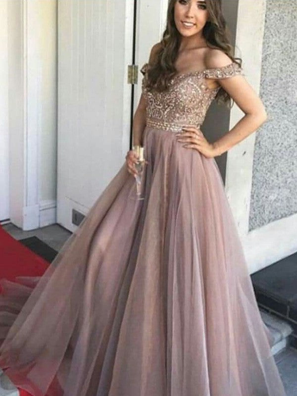 A-Line/Princess Floor-Length Off-the-Shoulder Sleeveless Tulle Beading Dresses