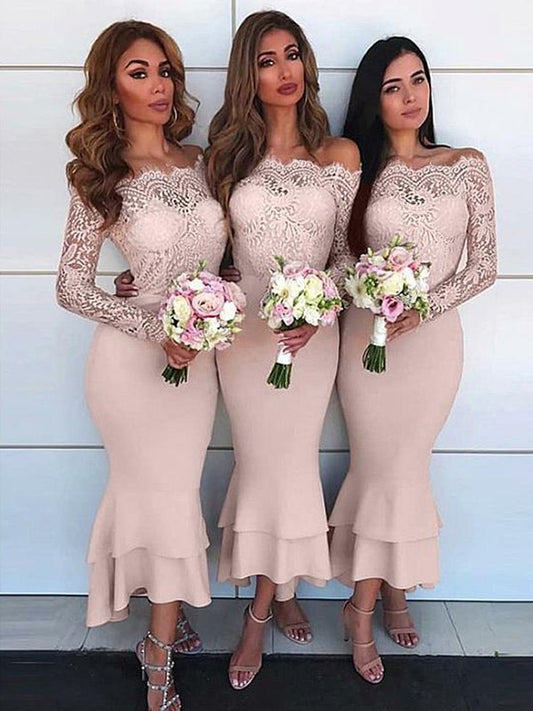 Ankle-Length Off-the-Shoulder Stretch Lace Long Sleeves Sheath/Column Crepe Bridesmaid Dresses