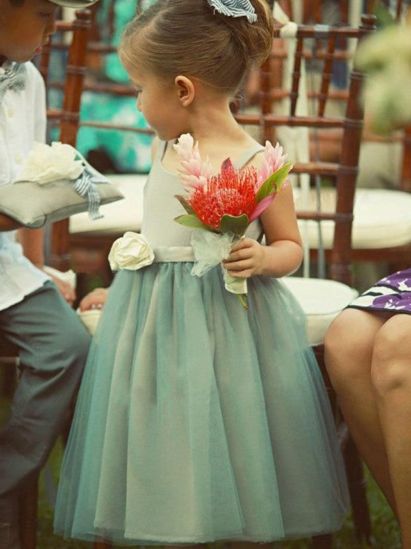 Flower Tulle Tea-Length A-Line/Princess Square Sleeveless Hand-Made Flower Girl Dresses