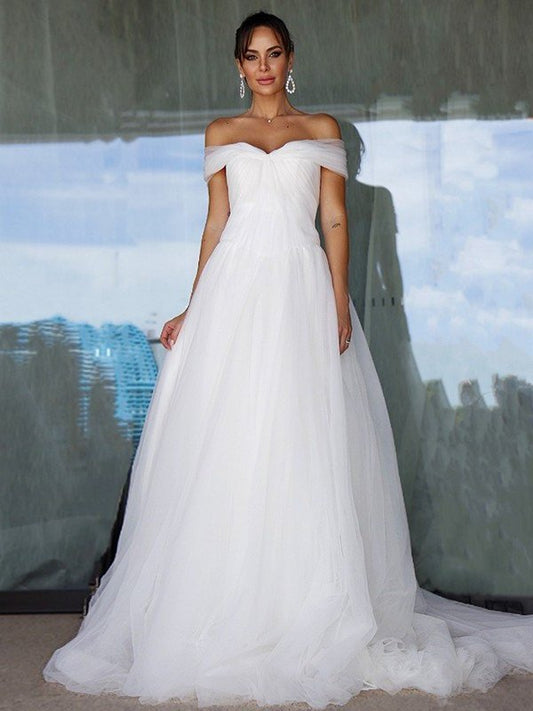 Tulle Ruched A-Line/Princess Sleeveless Off-the-Shoulder Sweep/Brush Train Wedding Dresses