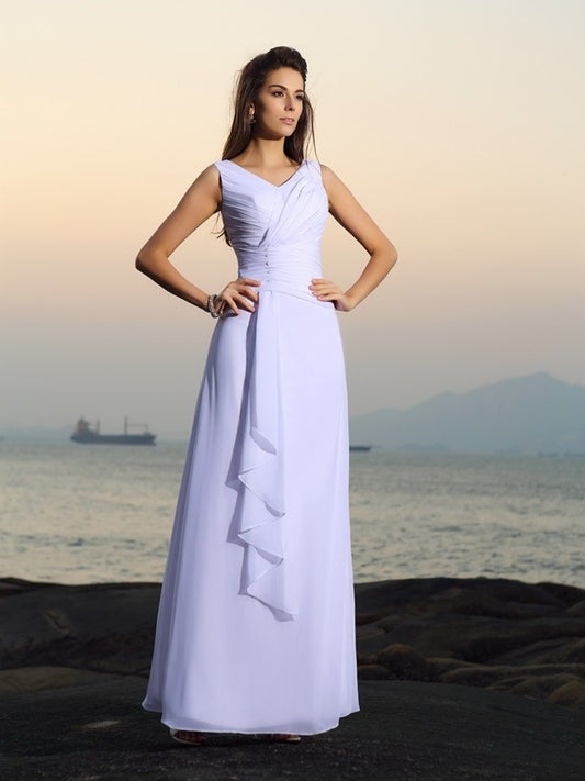 V-neck Chiffon Sleeveless Long Pleats A-Line/Princess Beach Wedding Dresses