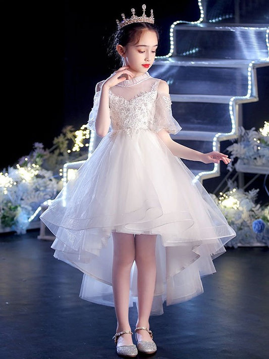 Applique Tulle Sleeves Scoop Asymmetrical A-Line/Princess Short Flower Girl Dresses