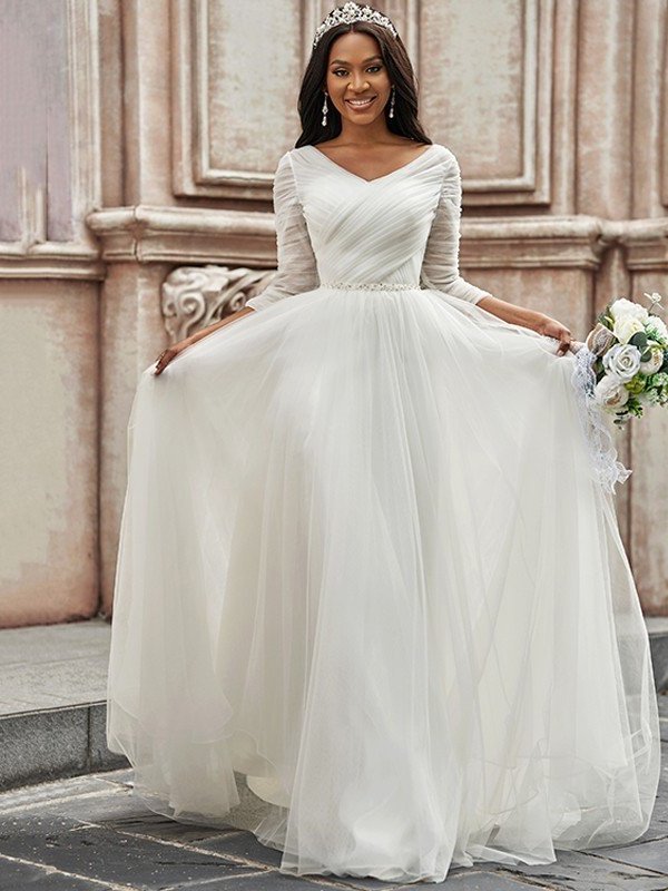 Sweetheart Tulle Sleeves Sweep/Brush 3/4 A-Line/Princess Ruched Train Wedding Dresses