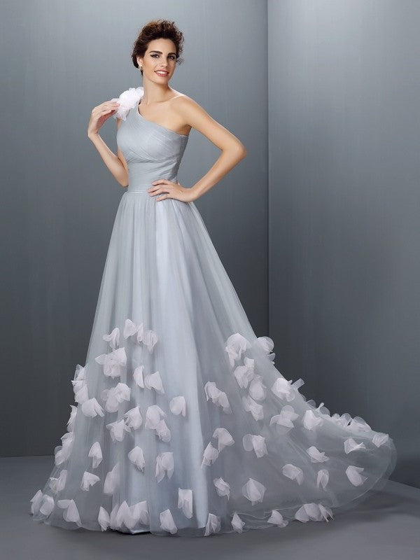 Sleeveless Hand-Made Flower A-Line/Princess One-Shoulder Long Net Dresses