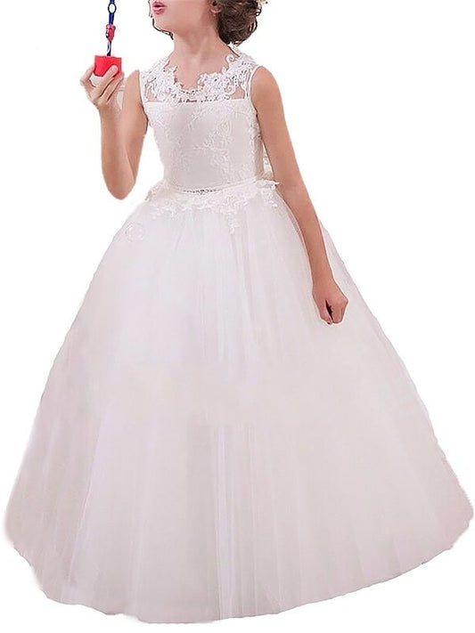 Applique Sleeveless Tulle Ball Gown Jewel Floor-Length Flower Girl Dresses