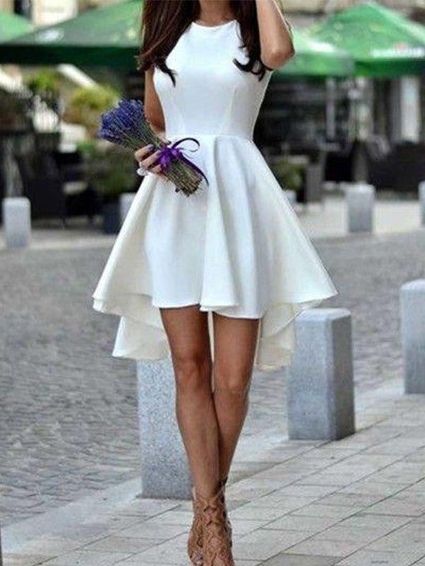 Short With A-Line Jewel Cut Ruffles Satin White Homecoming Dresses