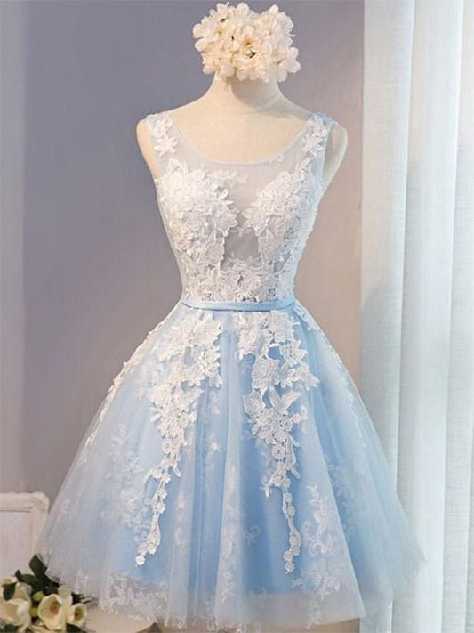 A-Line/Princess Scoop Applique Sleeveless Tulle Short/Mini Homecoming Dresses